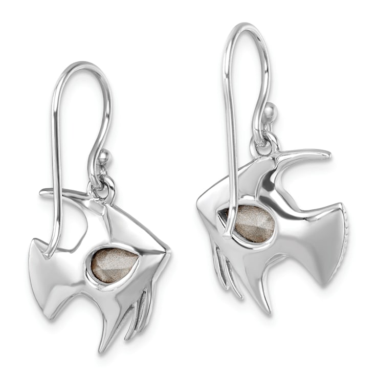 Rhodium Over Sterling Silver Polished Blue Crystal Angel Fish Dangle Earrings