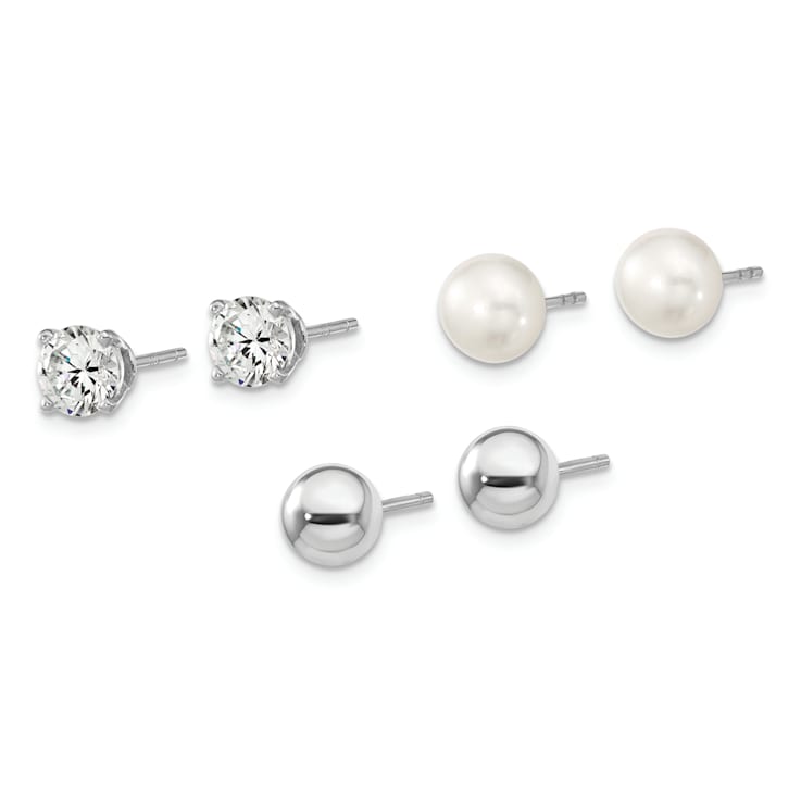 Rhodium Over Sterling Silver Ball/ 6-7mm Button Freshwater Cultured
Pearl/CZ Stud Ear Set