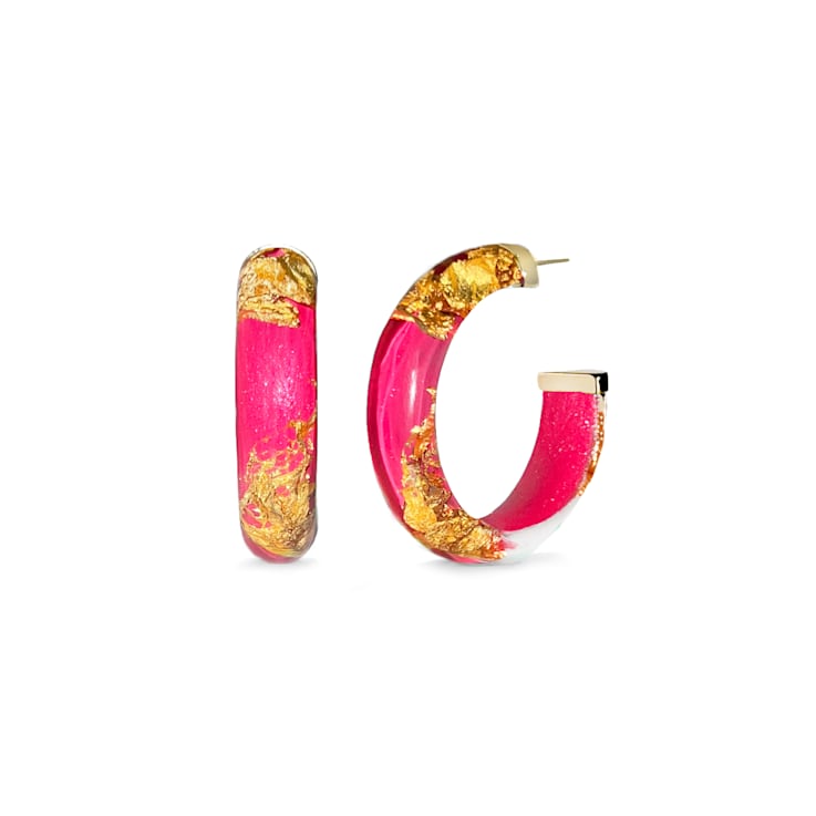 14K Yellow Gold Over Sterling Silver Small Gold Leaf Acrylic Hoop
Earrings in Pink