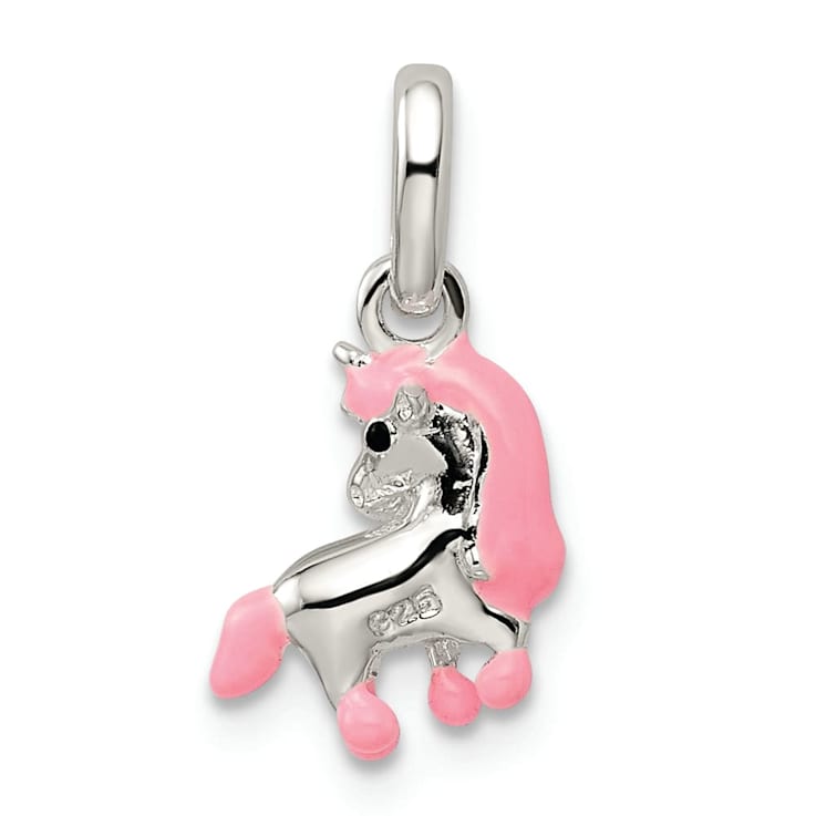 Sterling Silver Polished Pink and Black Enameled Pony Children's Pendant