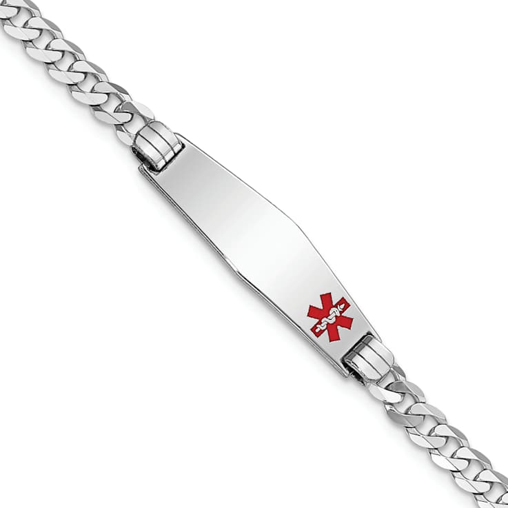 Rhodium Over 14k White Gold Medical Soft Diamond Shape Red Enamel Flat
Curb Link ID Bracelet