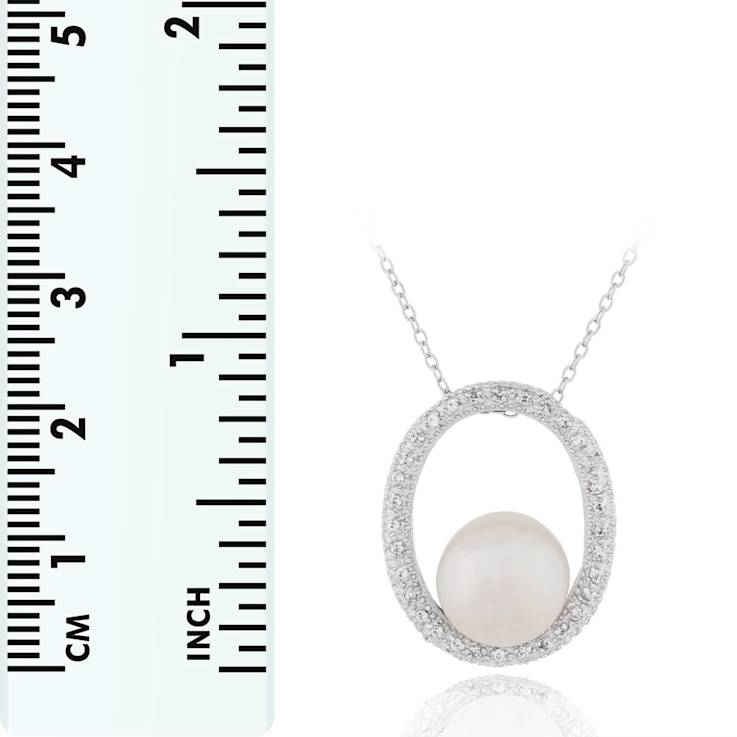 10-11mm Button White Cultured Freshwater Pearl and CZ Rhodium Over
Sterling Silver Pendant