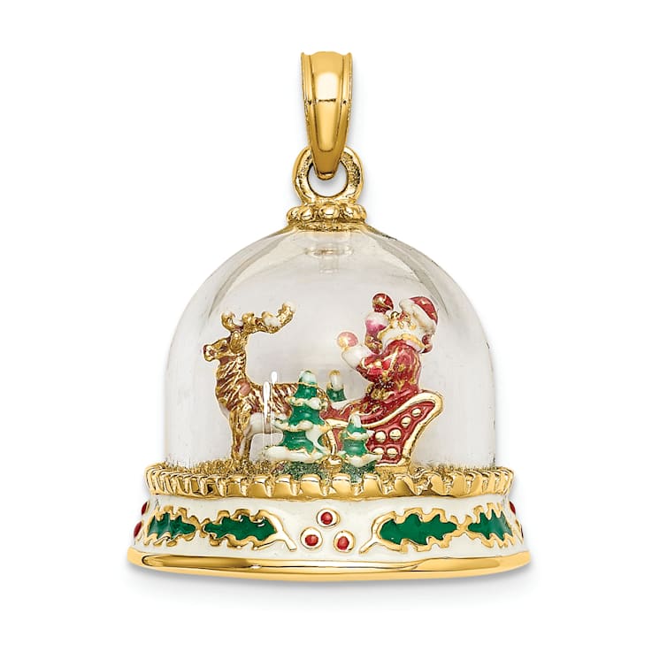 14k Yellow Gold 3D Enameled Christmas Snow Globe Pendant