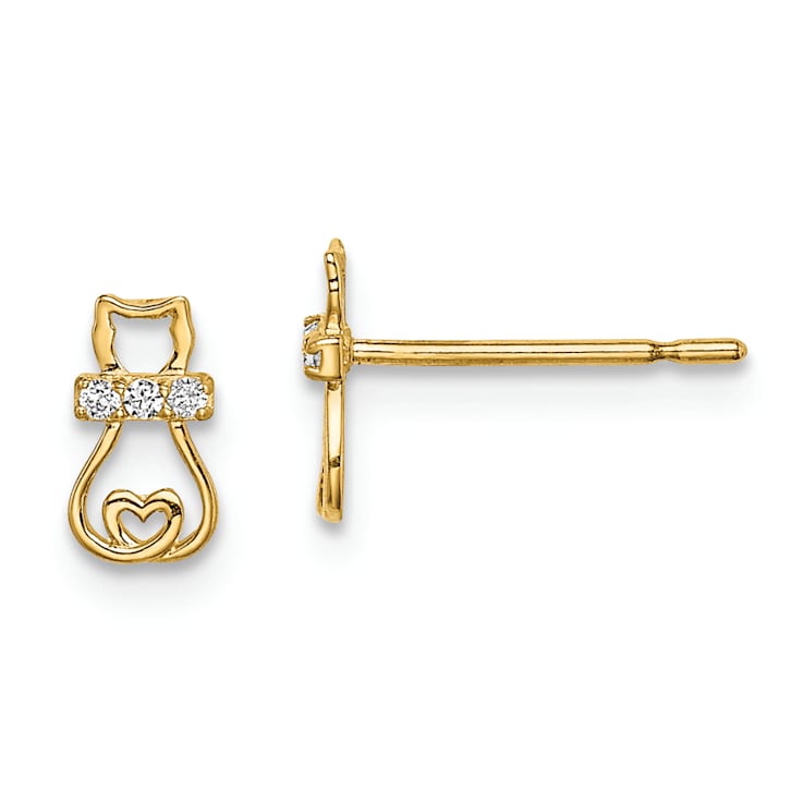 14K Yellow Gold Cubic Zirconia Cat with Heart Tail Post Earrings