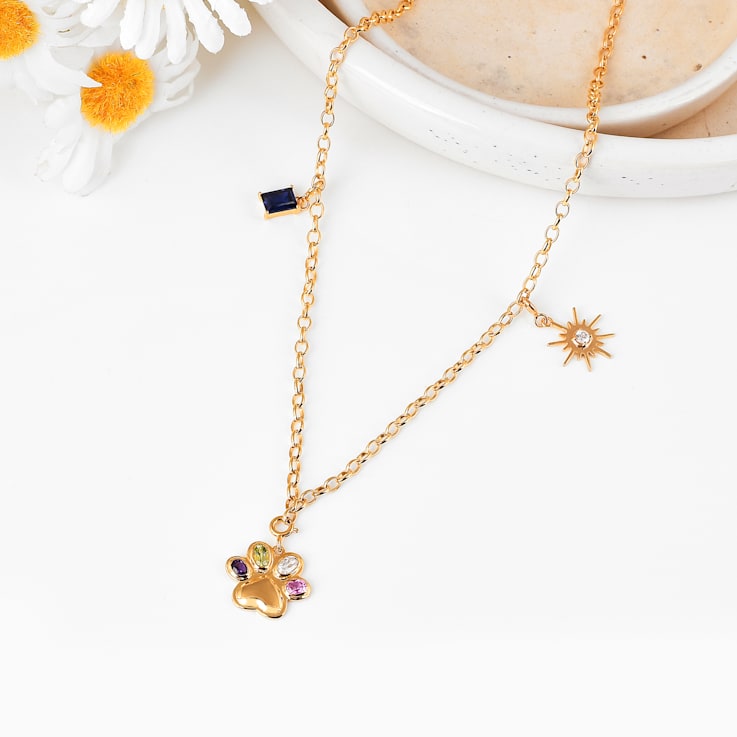 Multi-stone Paw Print Pendant Dog Mom Charm Pendant Gold Over Silver
Charm Pendant  Necklace