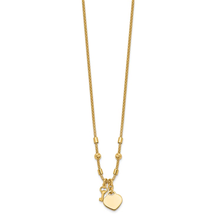 14K Yellow Gold Polished and Diamond-cut Lock and Heart Charm Necklace