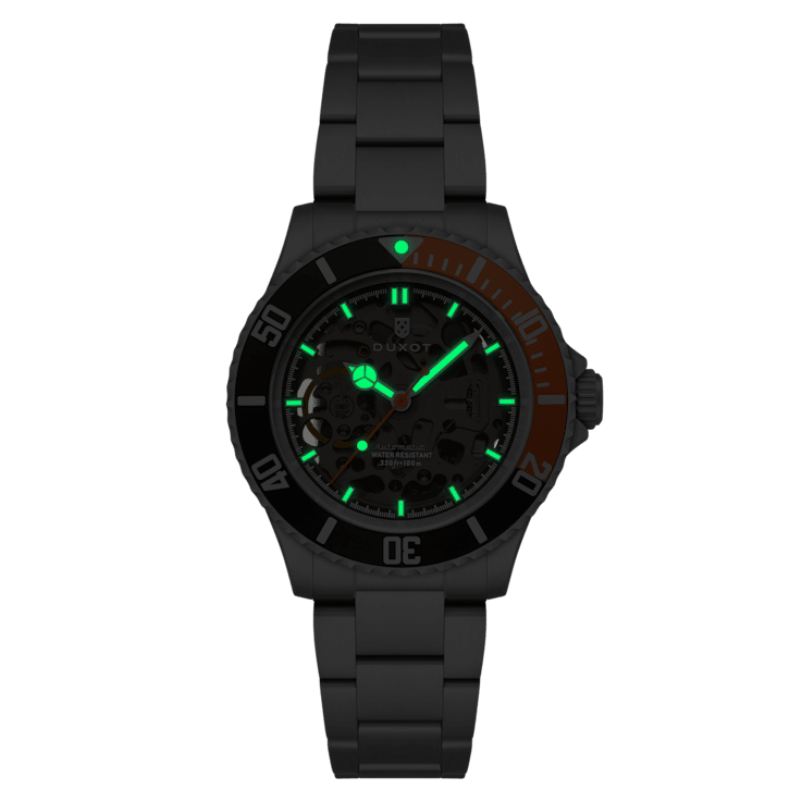 Duxot Atlantica Skeleton Diver Black Dial W/Orange Accent White
Stainless Steel Band Automatic Watch