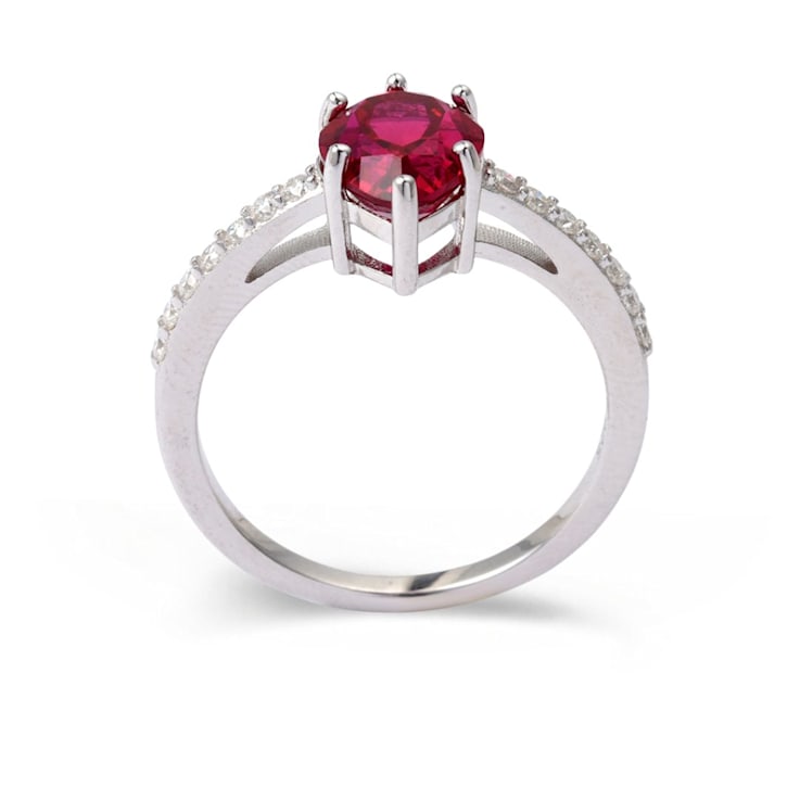 Red Lab Created Ruby with Moissanite Accents Sterling Silver Pear Shape
Teardrop Solitaire Ring