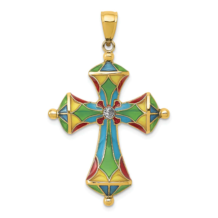 14k Yellow Gold Multi-Color Enamel Cross Pendant