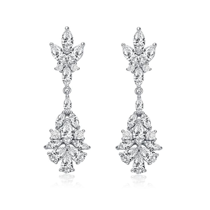 CZ Cluster Drop Earrings In Sterling Silver