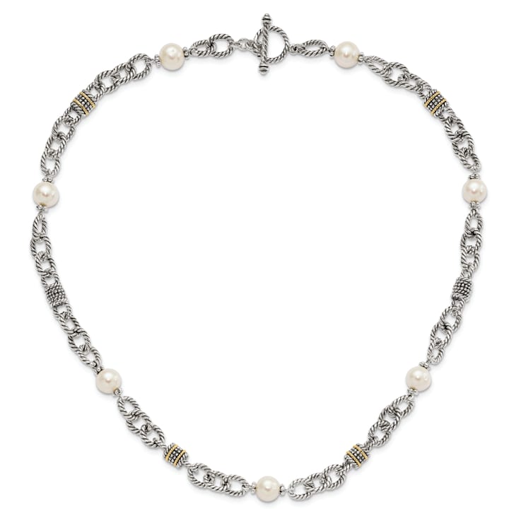Sterling Silver Antiqued with 14K Accent Freshwater Cultured Pearl Necklace