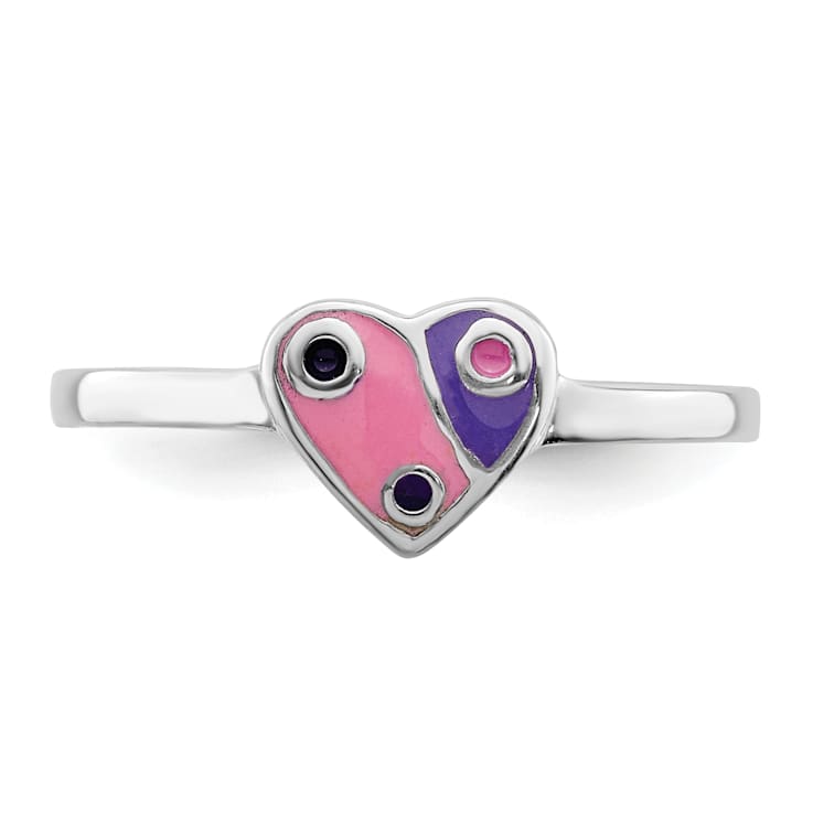 Rhodium Over Sterling Silver Pink and Purple Enameled Heart Children's Ring
