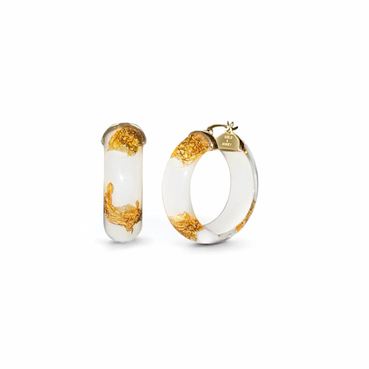 14K Yellow Gold Over Sterling Silver Mini Gold Leaf Acrylic Hoops in White
