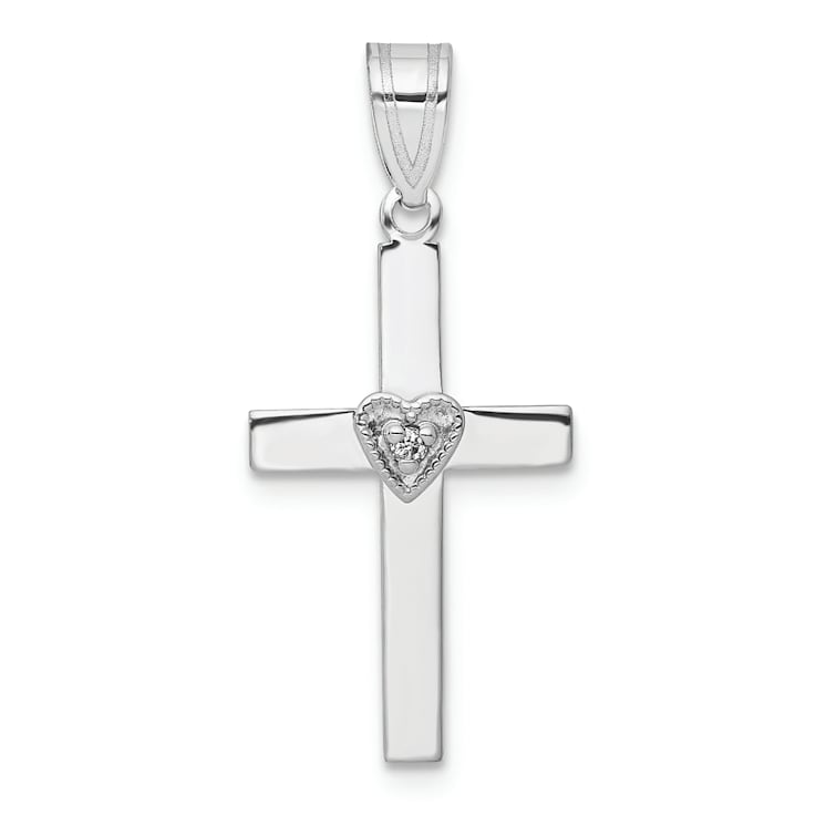 Rhodium Over 14K White Gold 0.01ct Diamond Heart Cross Pendant