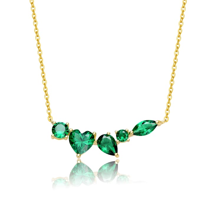 Emerald Color CZ Heart Station Necklace In 14K Gold Over Sterling Silver