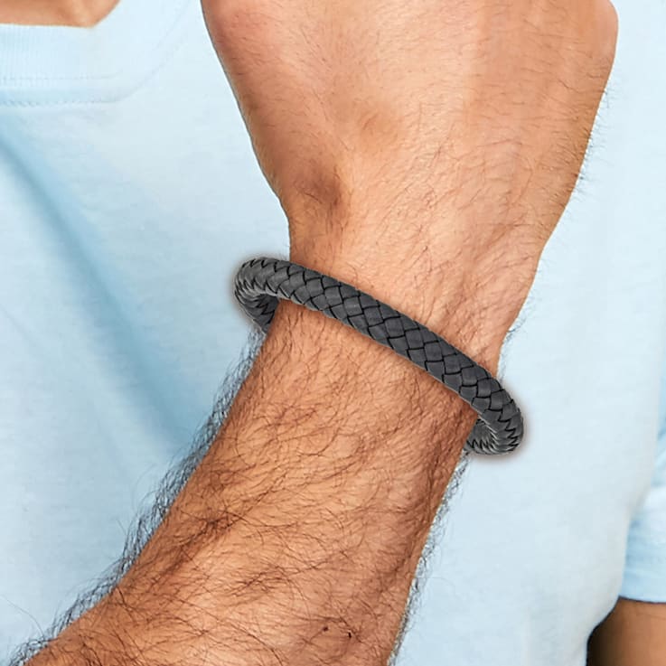 Gray Leather and Stainless Steel Brushed 8.25-inch Bracelet