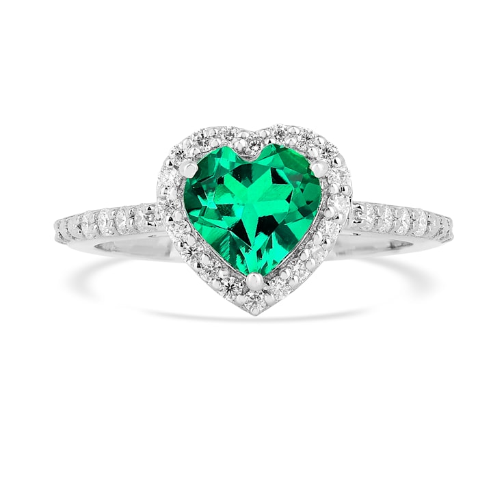 Green Lab Created Emerald and Moissanite Rhodium Over Sterling Silver
Halo Heart Ring