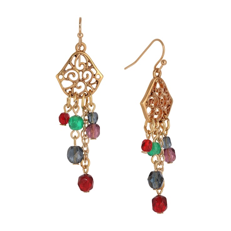 14K Gold Dipped Filigree With Colored Beads Chandelier Earrings