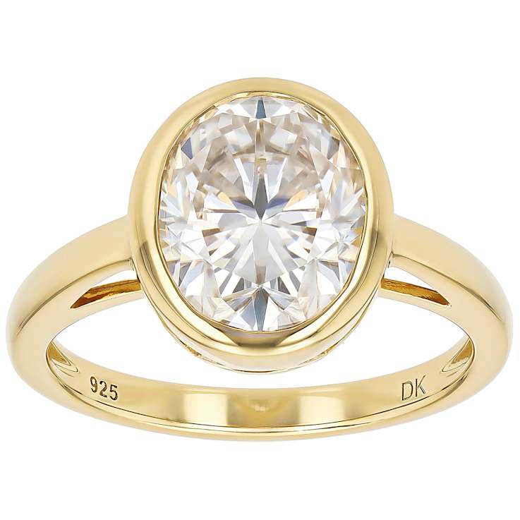 Bezel Set Oval Moissanite Solitaire Ring In 14K Gold Over Sterling Silver