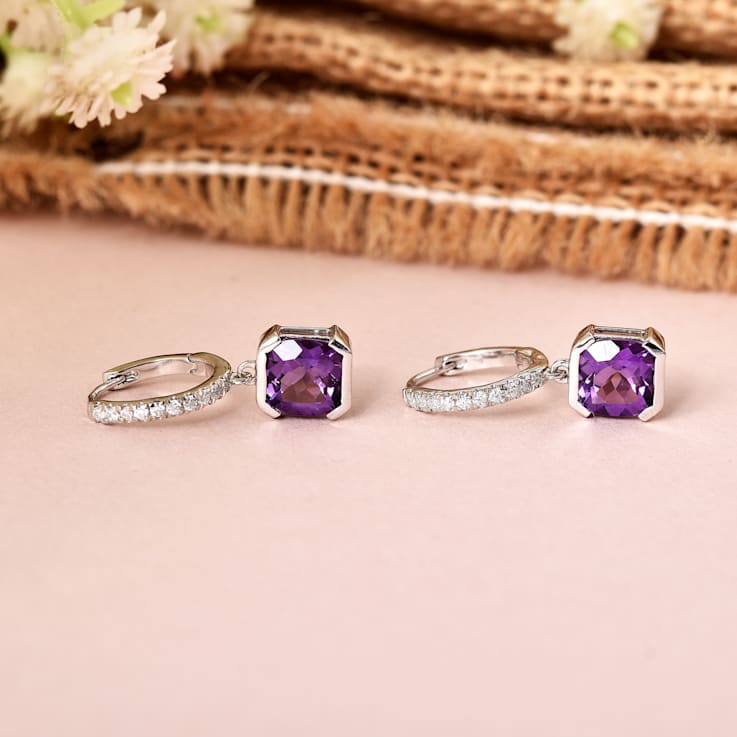 Square Cushion Amethyst with Moissanite Accents Rhodium Over Sterling
Silver Halo Drop Earrings