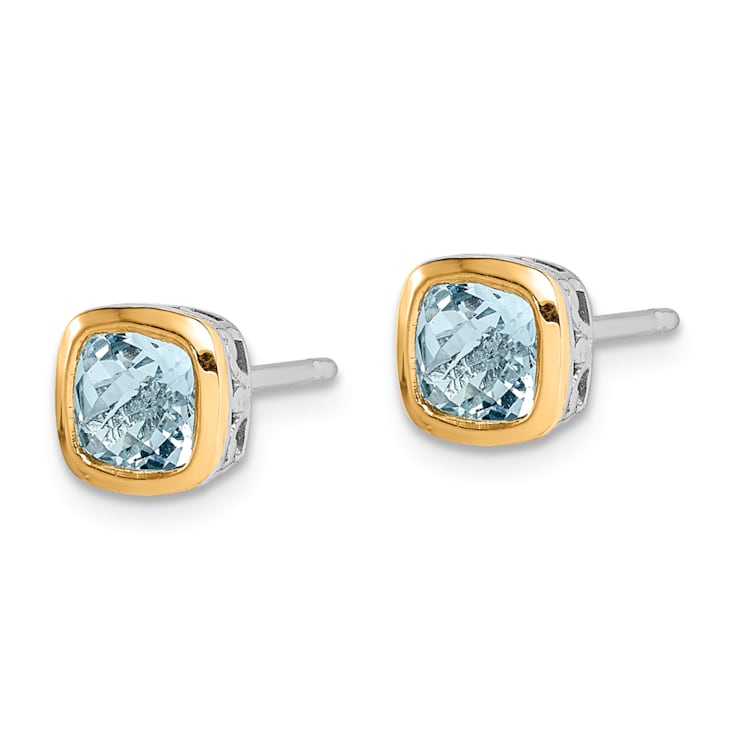 Rhodium Over Sterling Silver with 14k Accent Aquamarine Square Stud Earrings