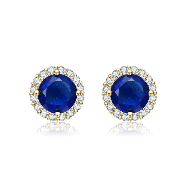 Sapphire Color CZ Halo Stud Earrings In 14K Gold Over Brass