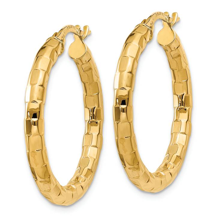 14k Yellow Gold Polished and Textured 1 1/16" Hoop Earrings