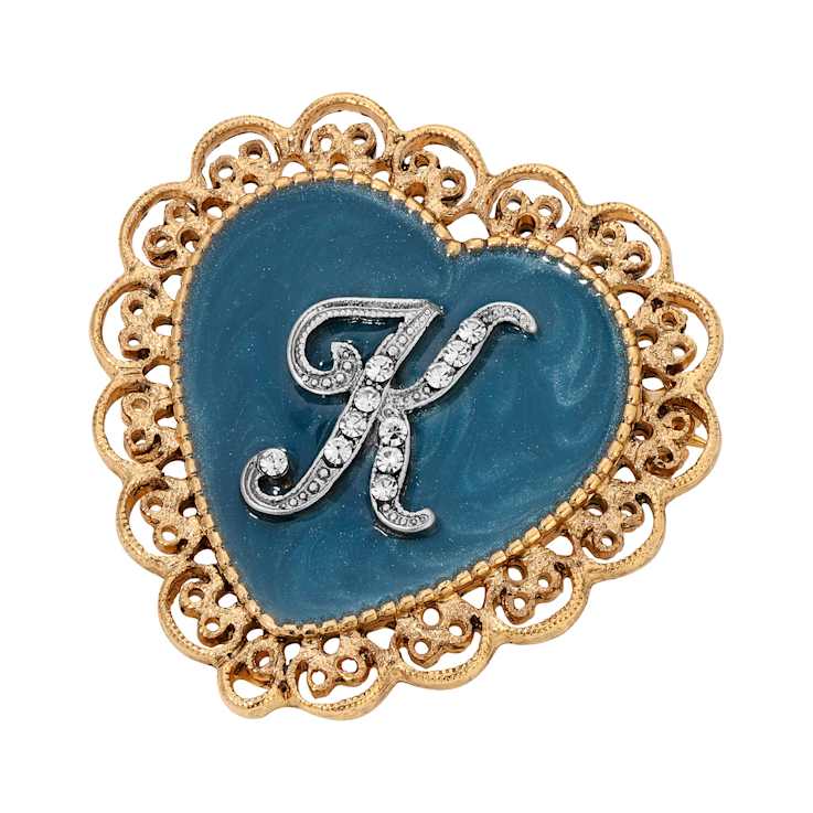 Gold Tone Filigree Heart Blue Enamel Initial Pin