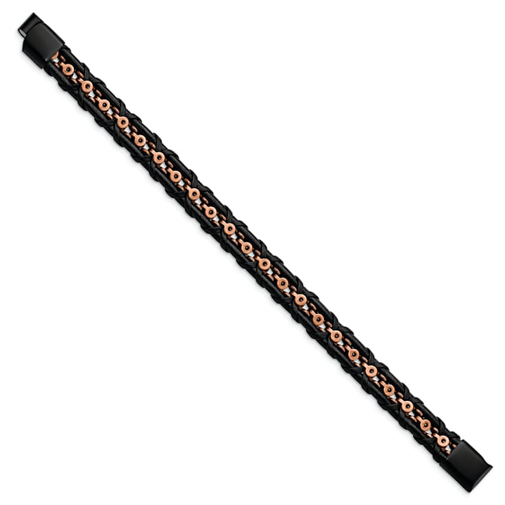 Black Leather and Stainless Steel Antiqued and Polished Rose IP-plated
8.5-inch Bracelet