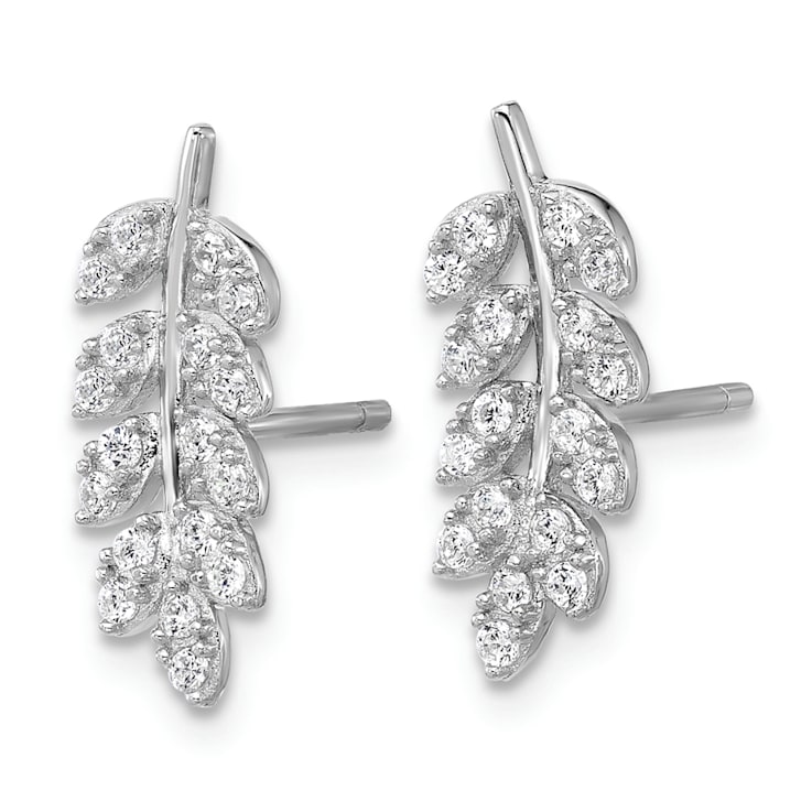 Rhodium Over Sterling Silver Polished Cubic Zirconia Leaf Post Earrings