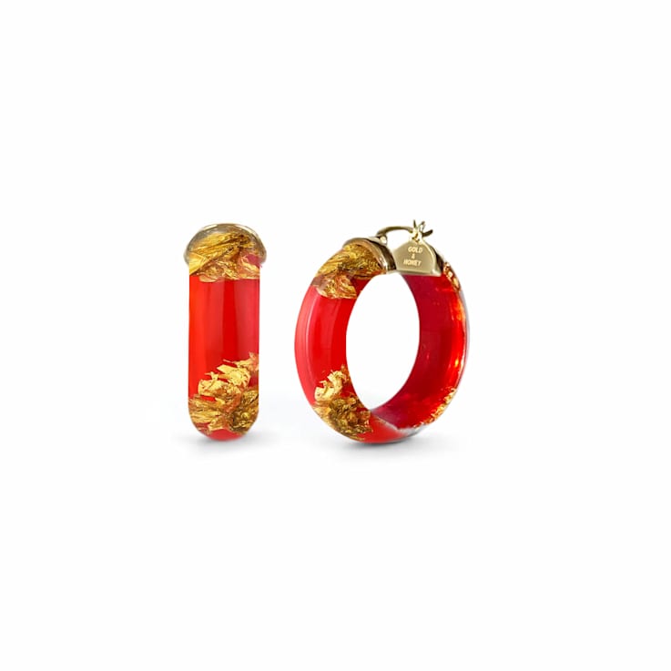 14K Yellow Gold Over Sterling Silver Mini Gold Leaf Acrylic Hoops in
Carnelian Red