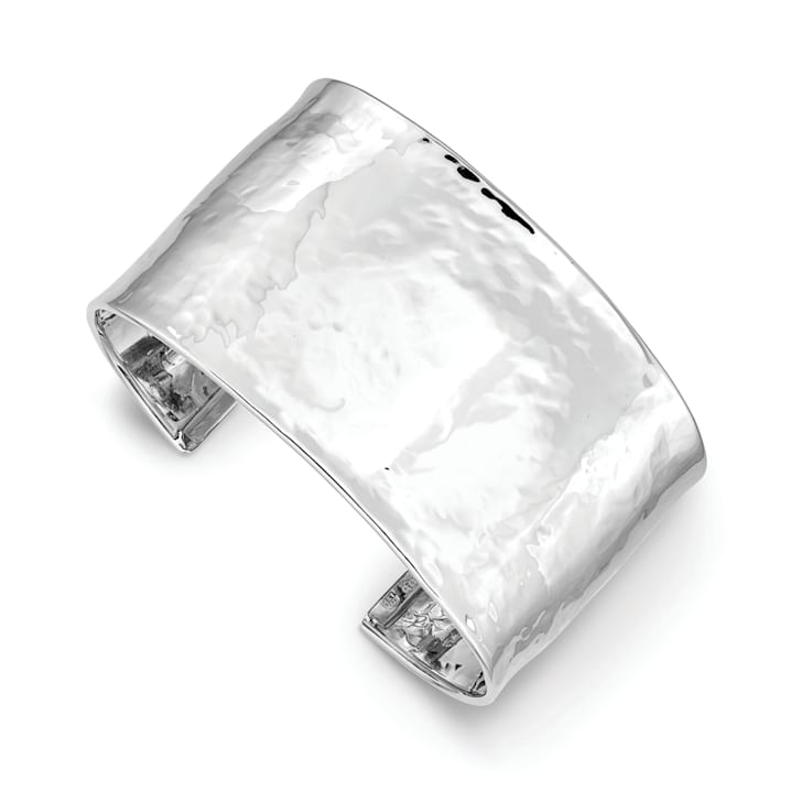 Rhodium over 14k White Gold 37mm Hammered Polished Cuff Bangle