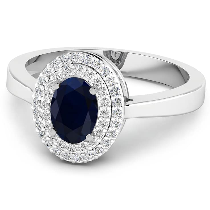 1.06ctw Blue Sapphire and Diamond 14K White Gold Halo Ring