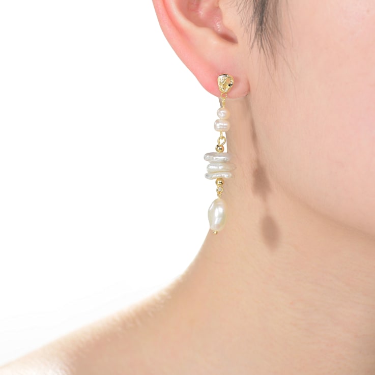 14K Yellow Gold Plating over Sterling Silver and Genuine Freshwater
Pearl Dangling and Drop Earrings