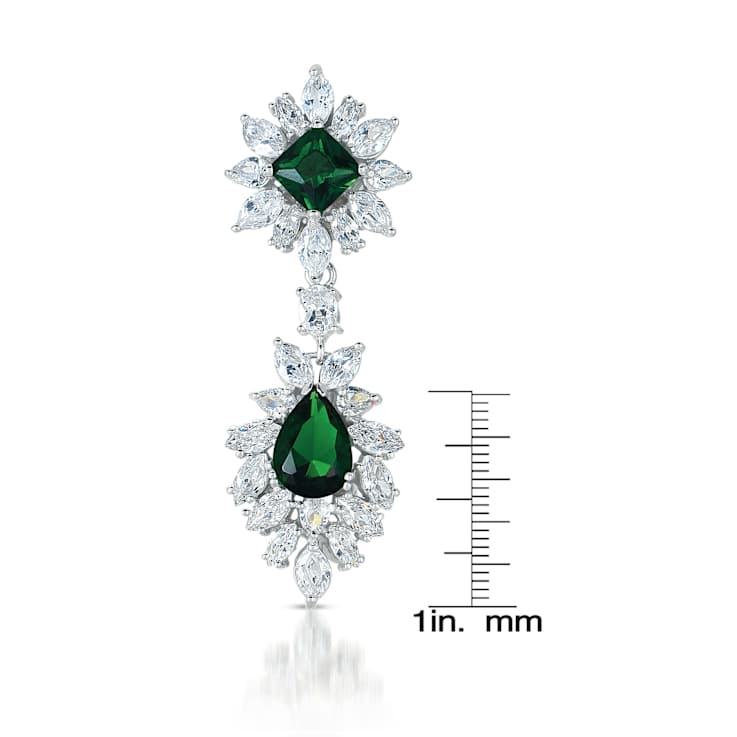 Emerald Color CZ Double Cluster Drop Earrings In Sterling Silver