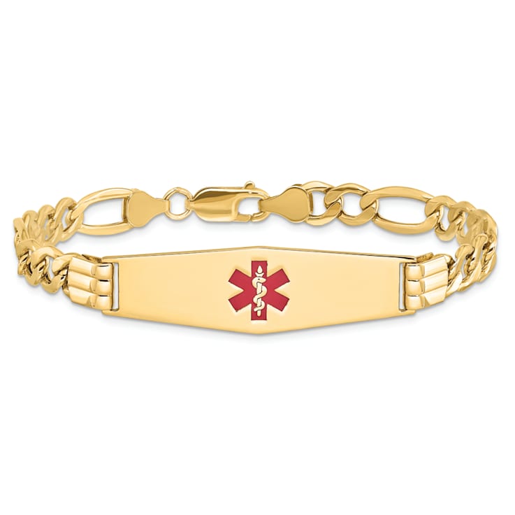 14k Yellow Gold Medical Soft Diamond Shape Red Enamel Figaro Link ID Bracelet