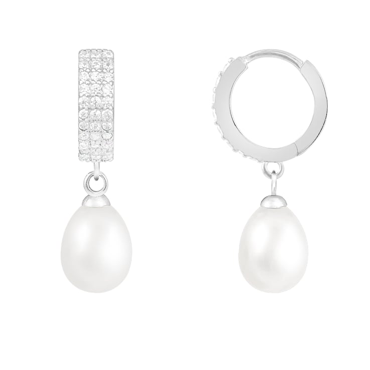 7.5-8mm White Cultured Freshwater Pearl Rhodium Over Sterling Silver Earrings