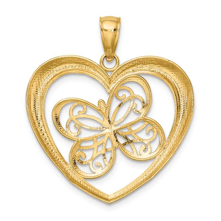 14K Two-tone Gold  Textured Butterfly in Heart Charm