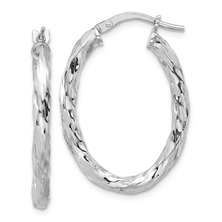 Rhodium Over Sterling Silver Polished and Textured Twisted Oval Hoop Earrings