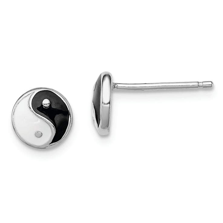 Rhodium Over Sterling Silver Enamel Yin Yang Children's Post Earrings