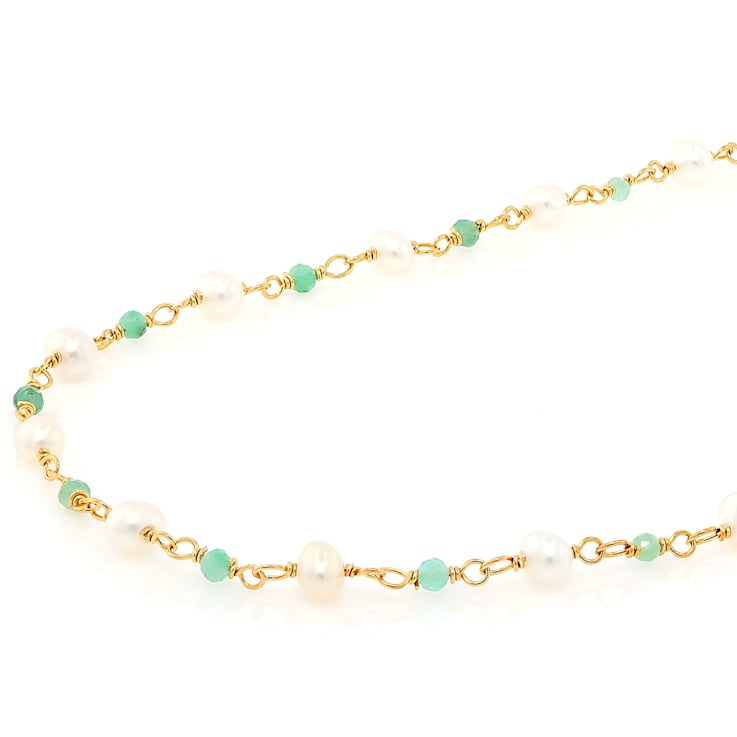 Dainty Pearl And Emerald Station Necklace In 18K Gold Over Sterling Silver