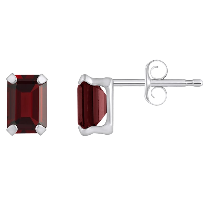 6x4mm Emerald Cut Garnet Rhodium Over 10k White Gold Stud Earrings