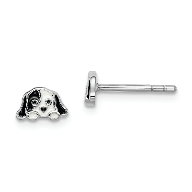 Rhodium Over Sterling Silver Childs Enamel Puppy Post Earrings