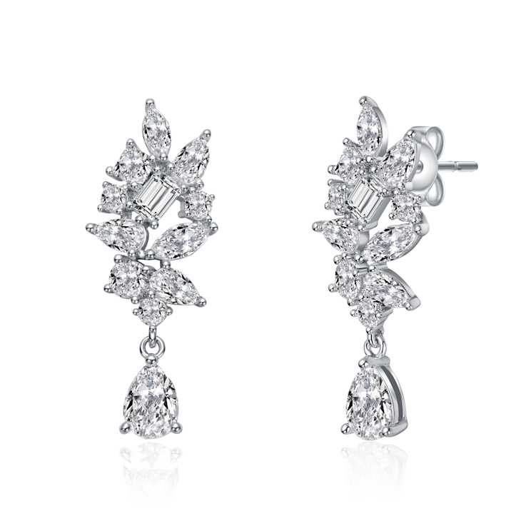 Marquise And Pear Shape CZ Cluster Drop Earrings In White Gold Over Brass