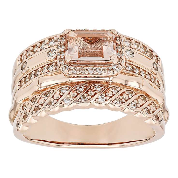 Morganite Rectangular Octagonal And White Zircon Ring In 18K Rose Gold
Over Sterling Silver 1.41ctw