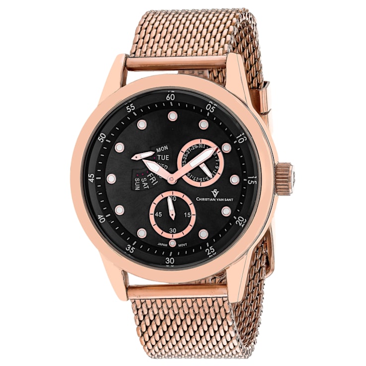 Christian Van Sant Men's Rio Black Dial, Rose Mesh Stainless Steel Watch