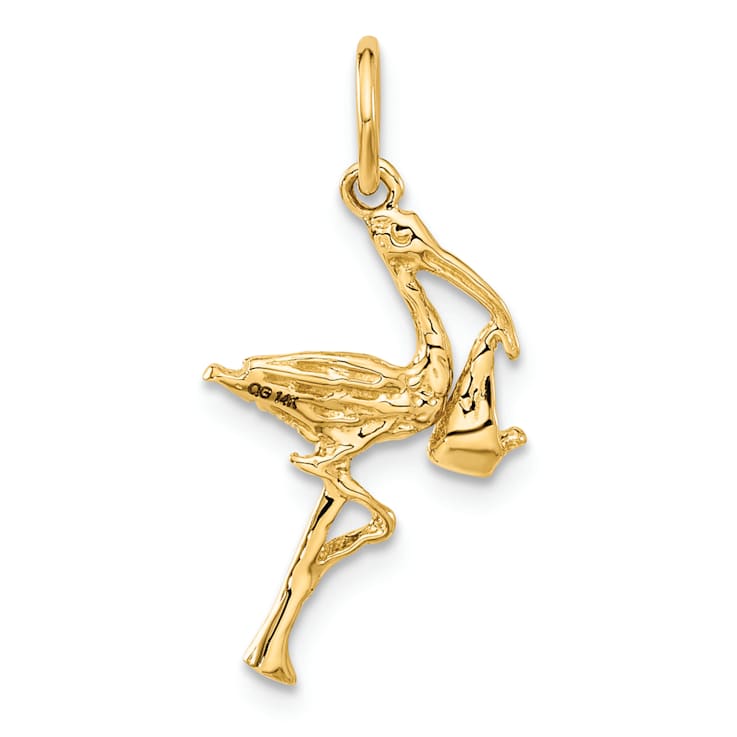 14k Yellow Gold Textured Solid Stork Charm Pendant