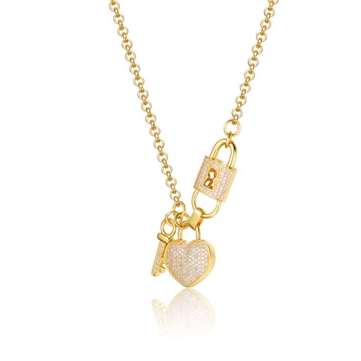 CZ Pave Heart Padlock And Key Charm Necklace In 14K Gold Over Sterling Silver