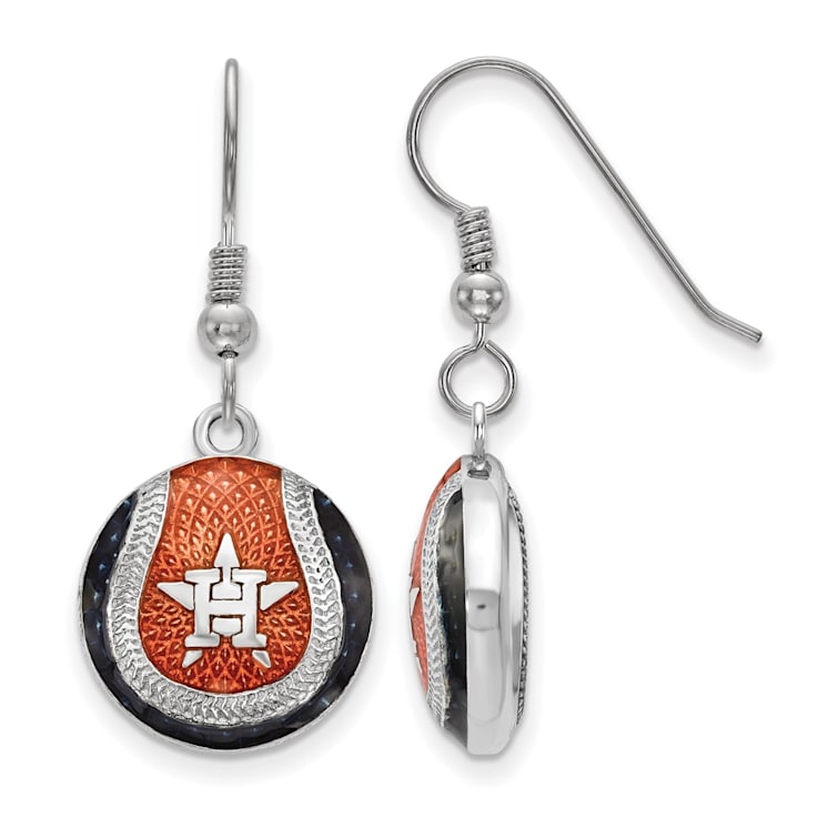 Rhodium Over Sterling Silver MLB LogoArt Houston Astros Enamel Earrings