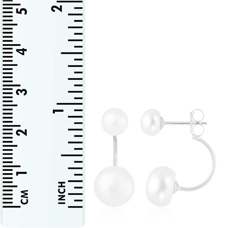 6-10mm White Cultured Freshwater Pearl Rhodium Over Sterling Silver Earrings